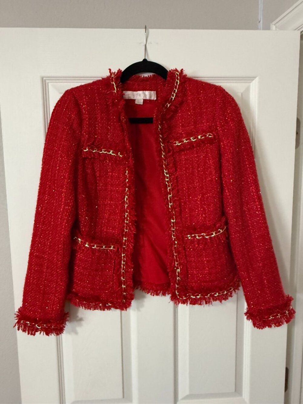 Women's Boston Proper Red Tweed Gold Chain Trim Blazer Jacket Size 0